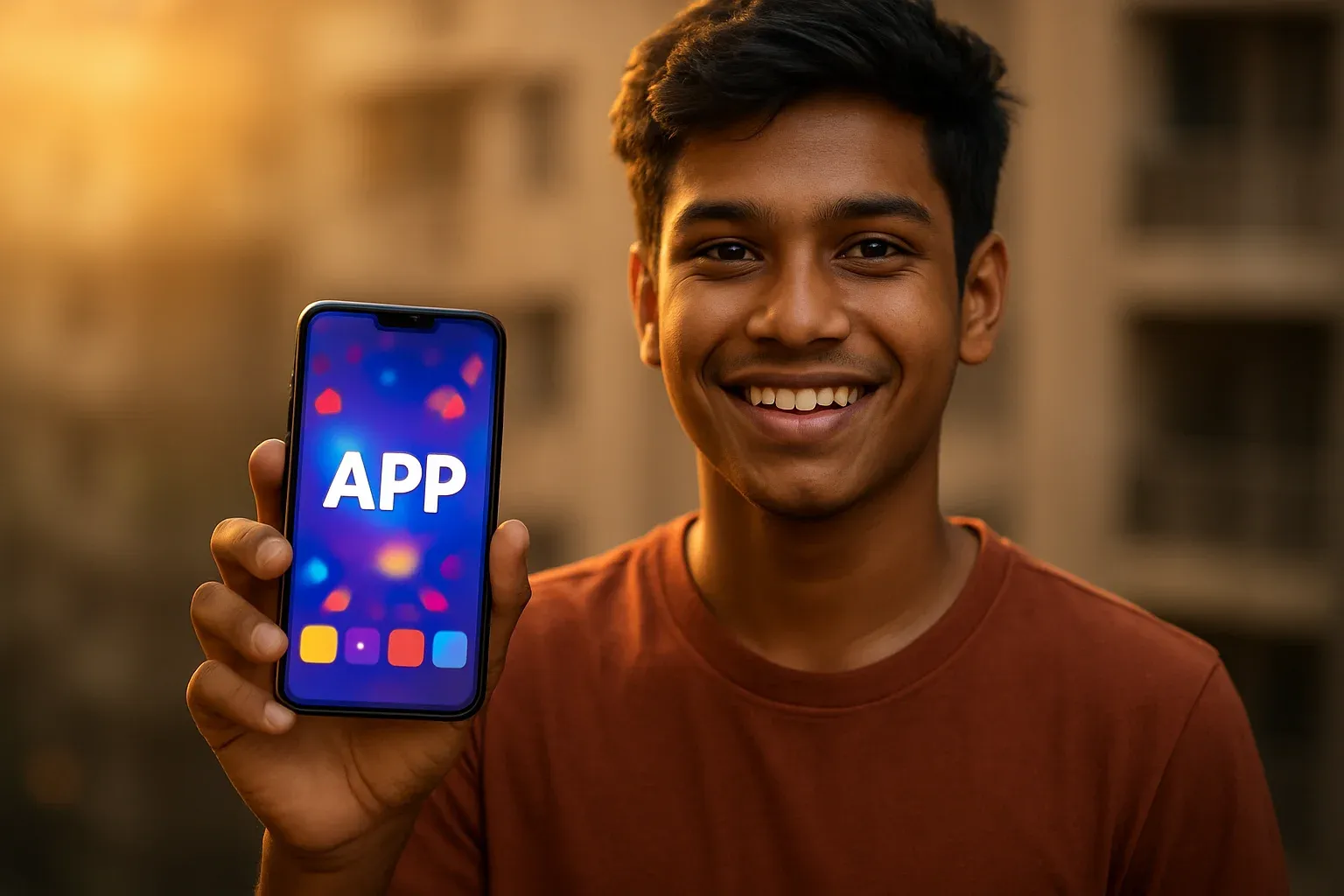 Young Bangladeshi man smiling, holding smartphone with colorful gaming app screen