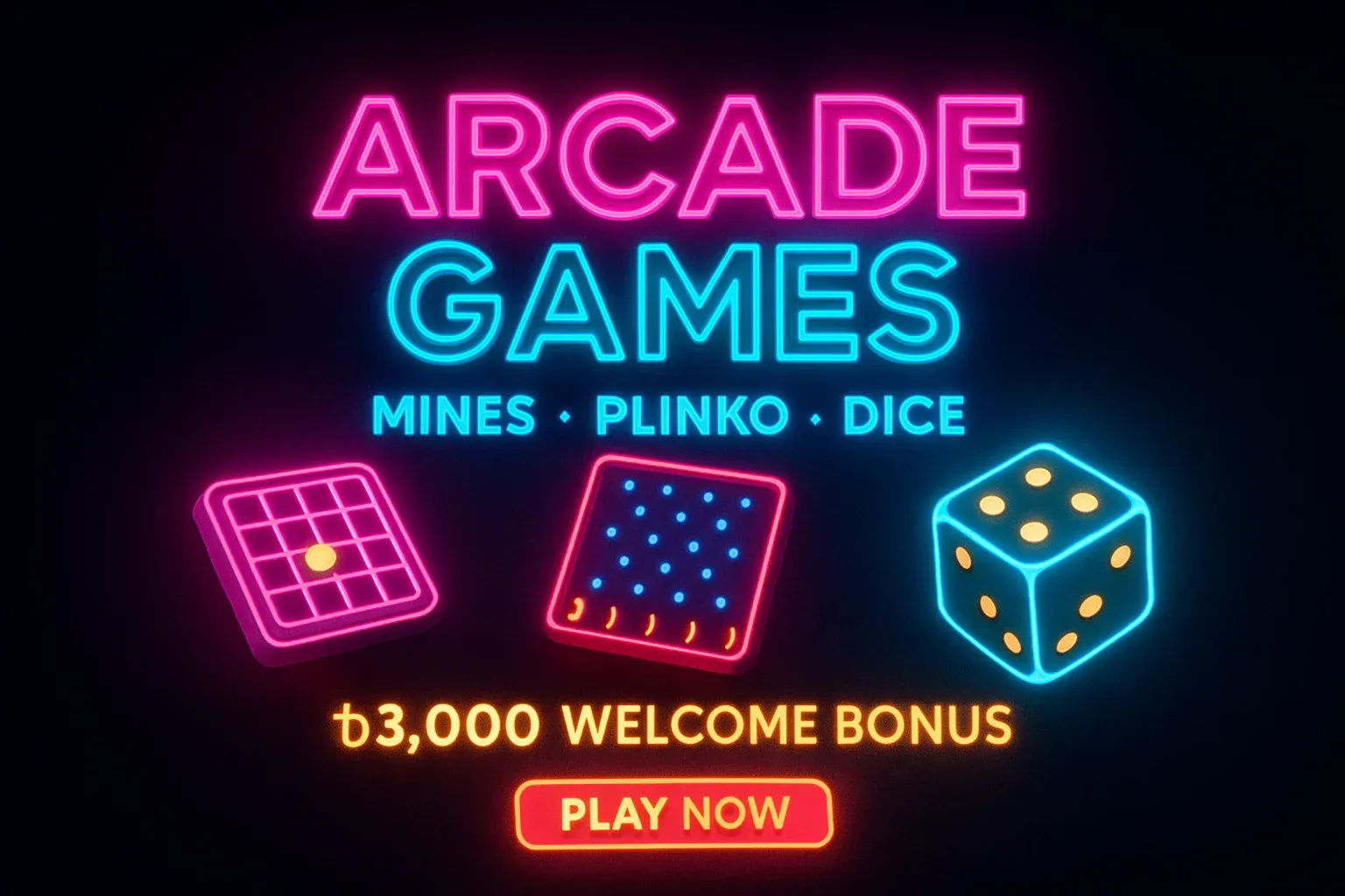 Neon arcade games banner with mines, plinko, dice, and play button