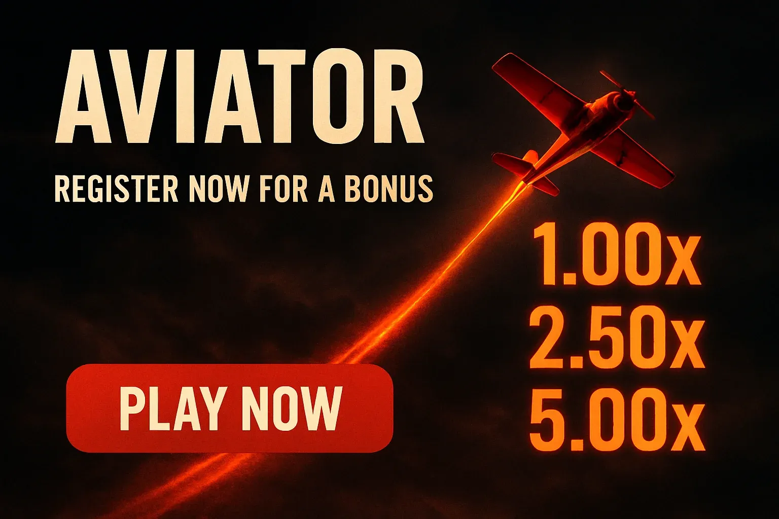 Aviator crash game banner with red plane, multipliers, and play button
