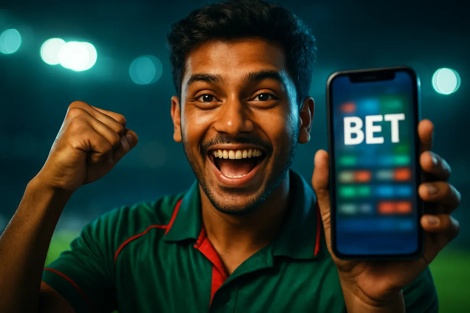 Excited Bangladeshi man holding smartphone with sports betting screen and raised fist