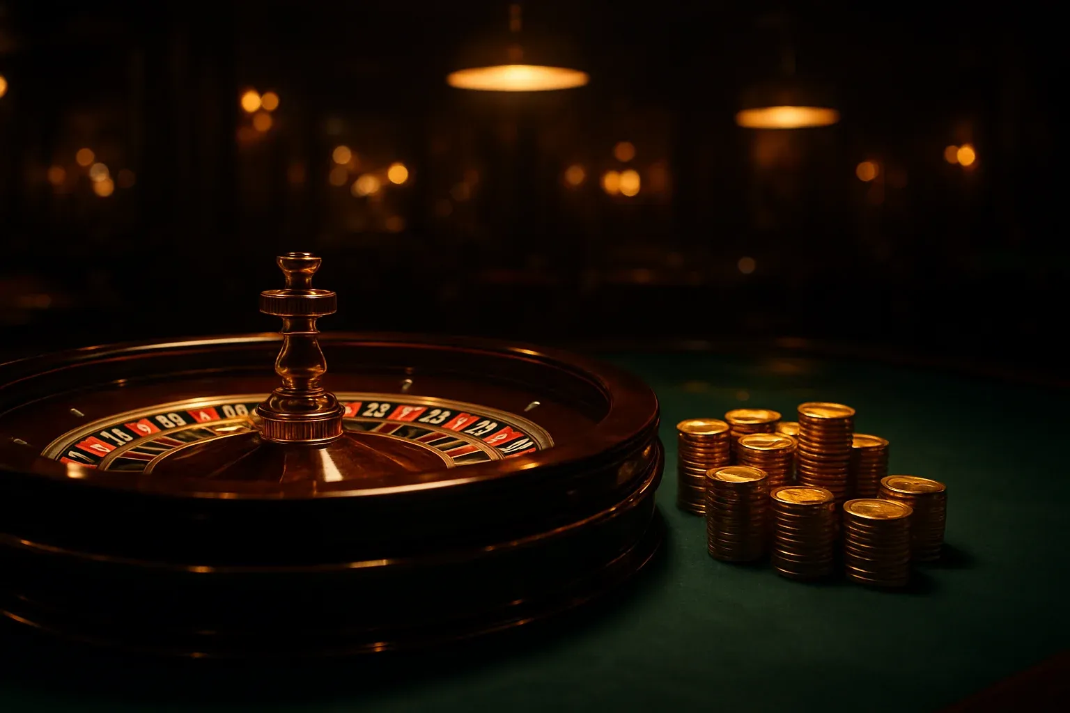 Hyperrealistic live casino table with glowing roulette wheel and golden chips