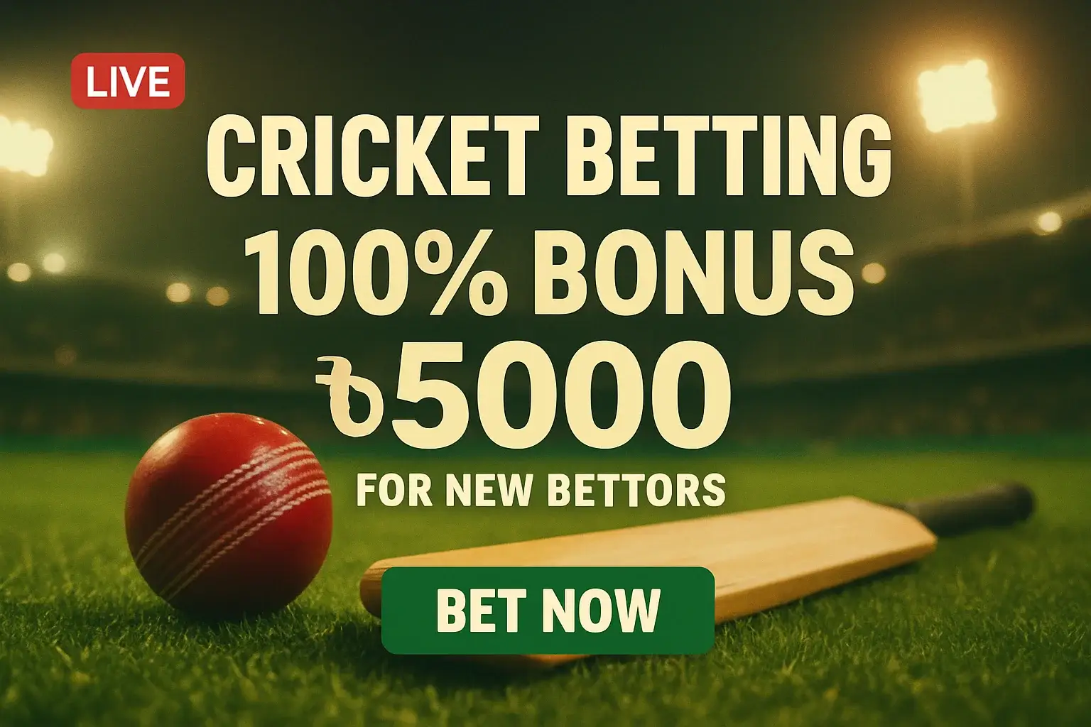 Cricket betting banner with stadium, bat, ball, bonus, and Bet Now button