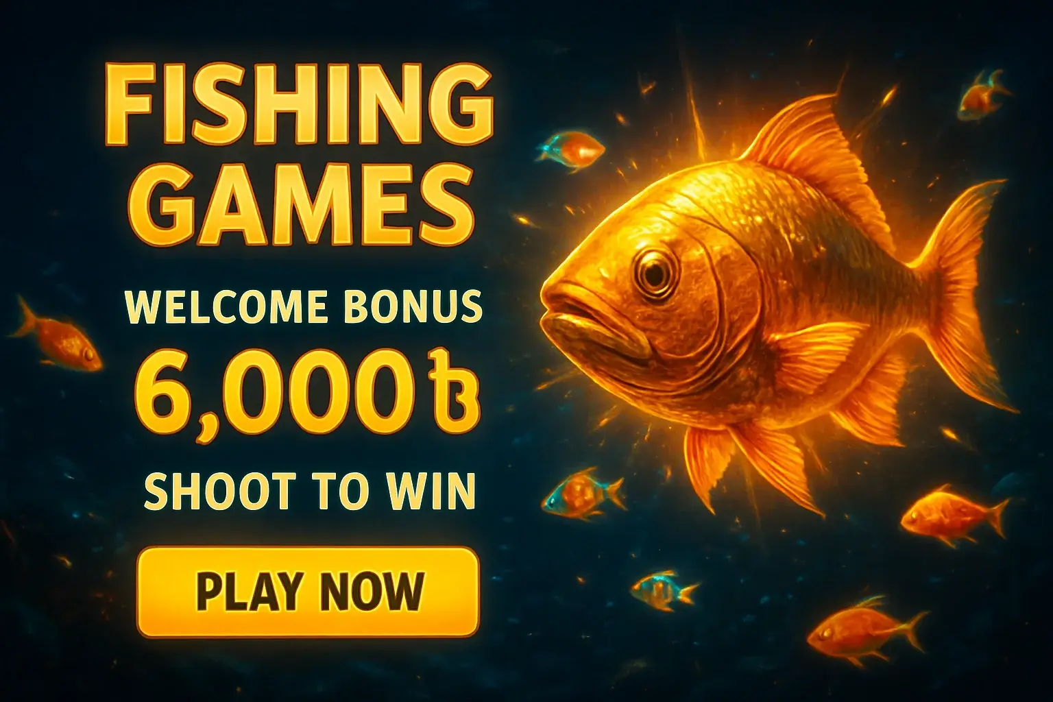 Fishing arcade banner with golden boss fish, bonus offer, and play button