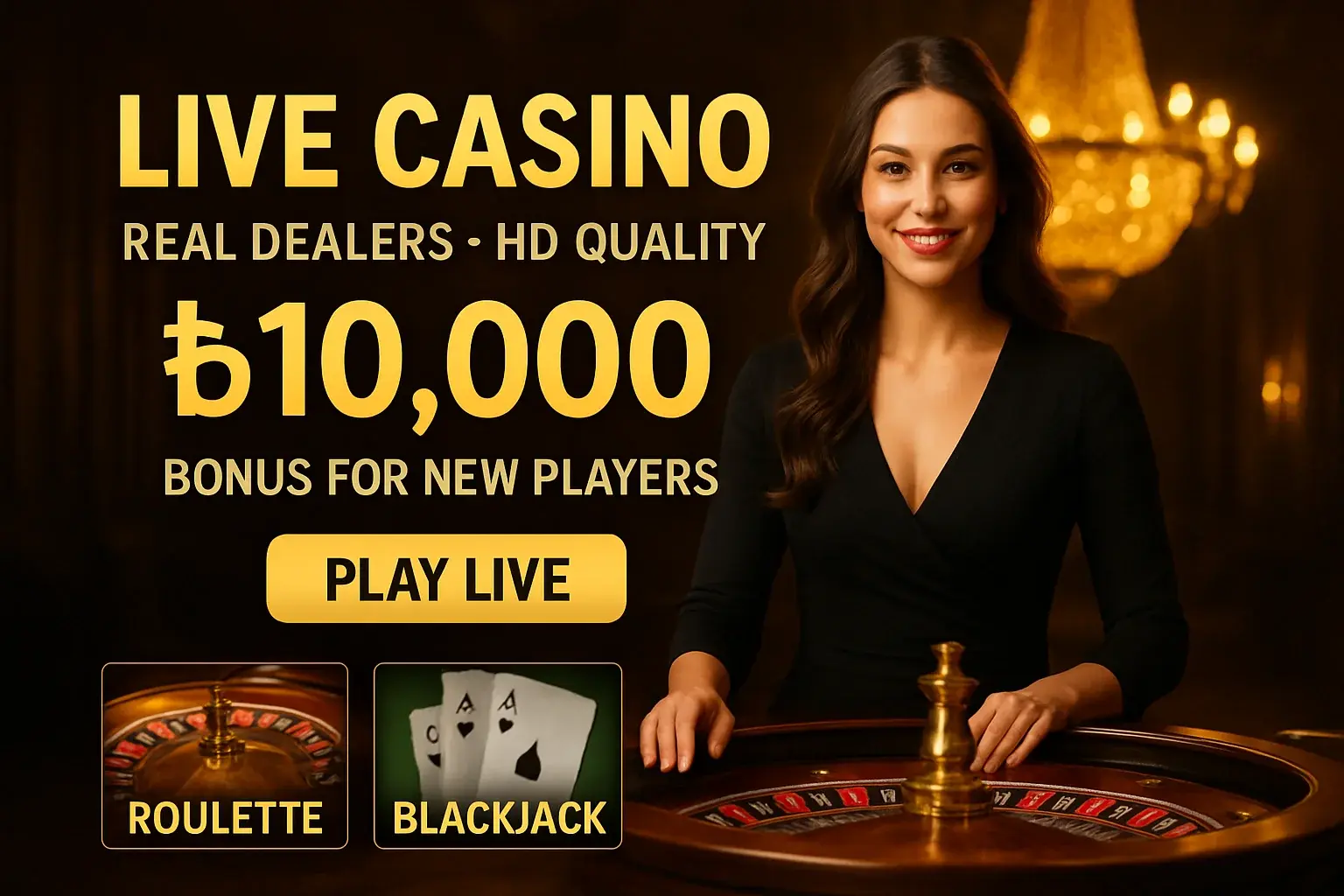 Luxurious live casino banner with female dealer, roulette, gold lighting