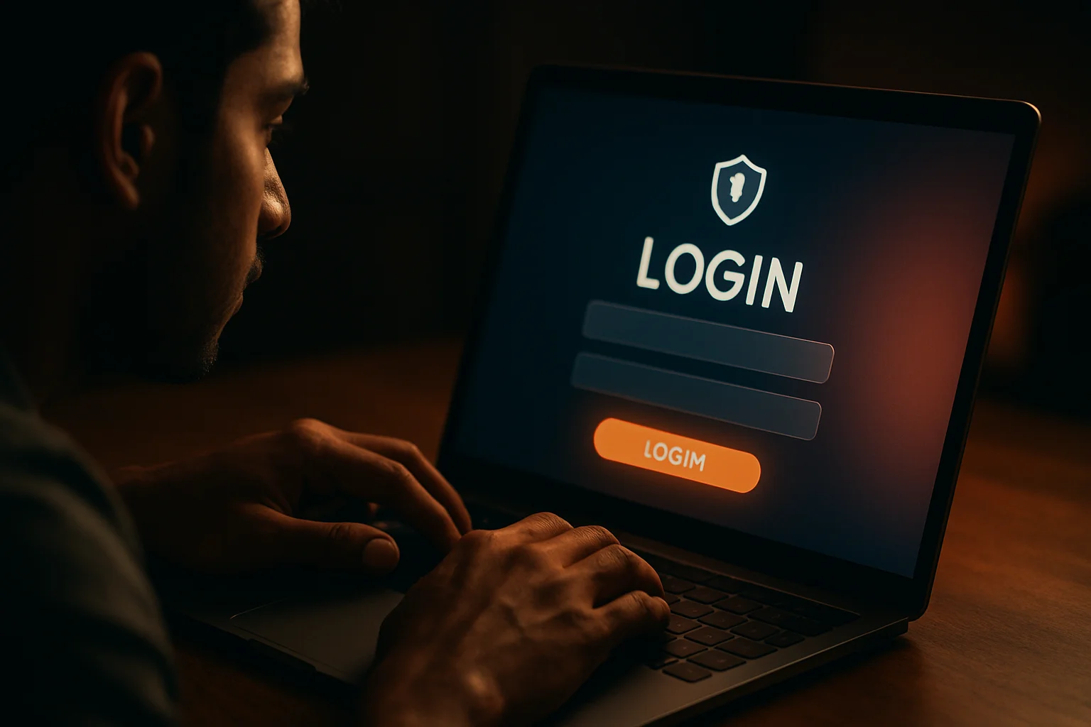 Young Bangladeshi man's hands on laptop showing LOGIN sign-in screen