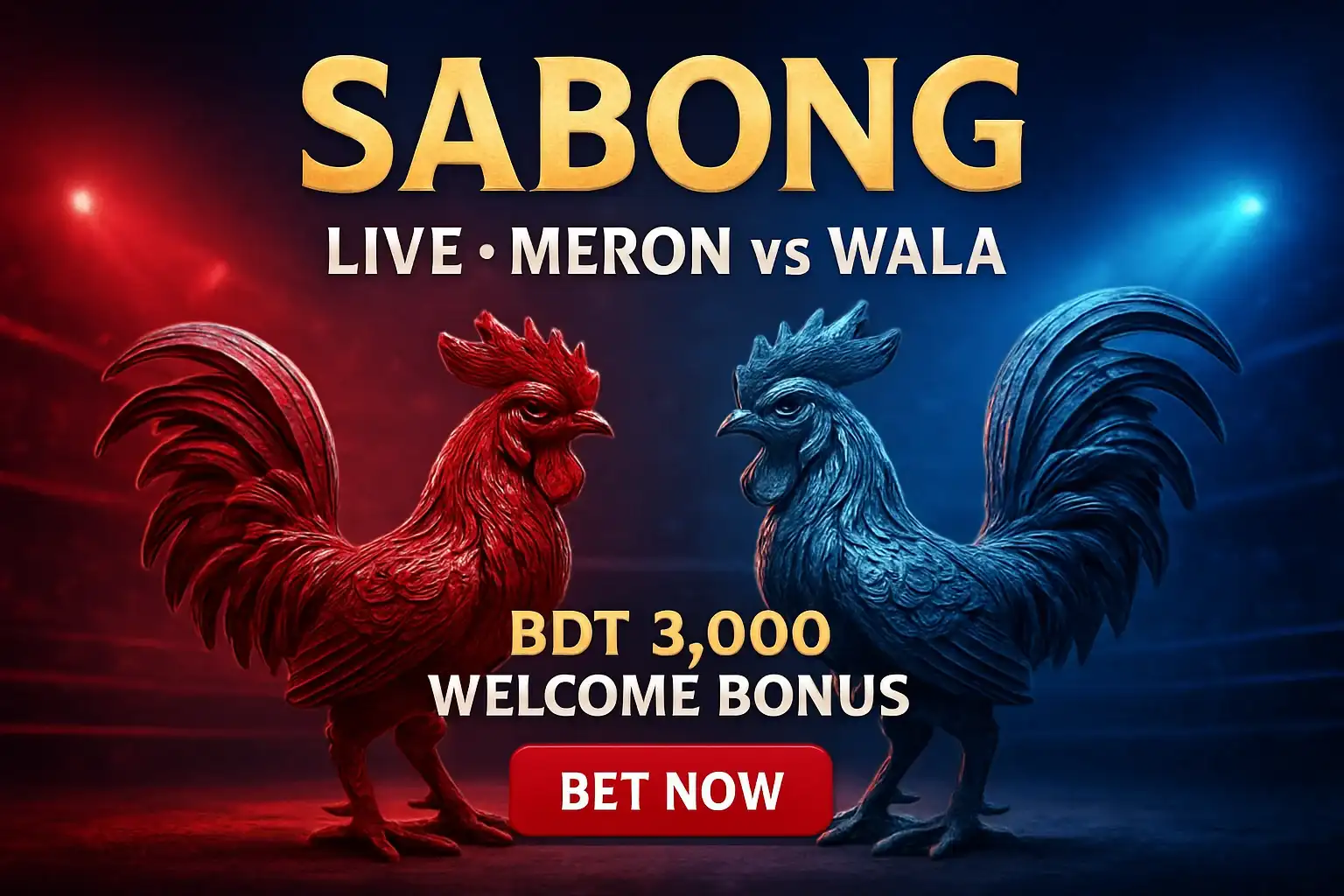 Promotional live sabong banner with decorative rooster figurines and bonus offer