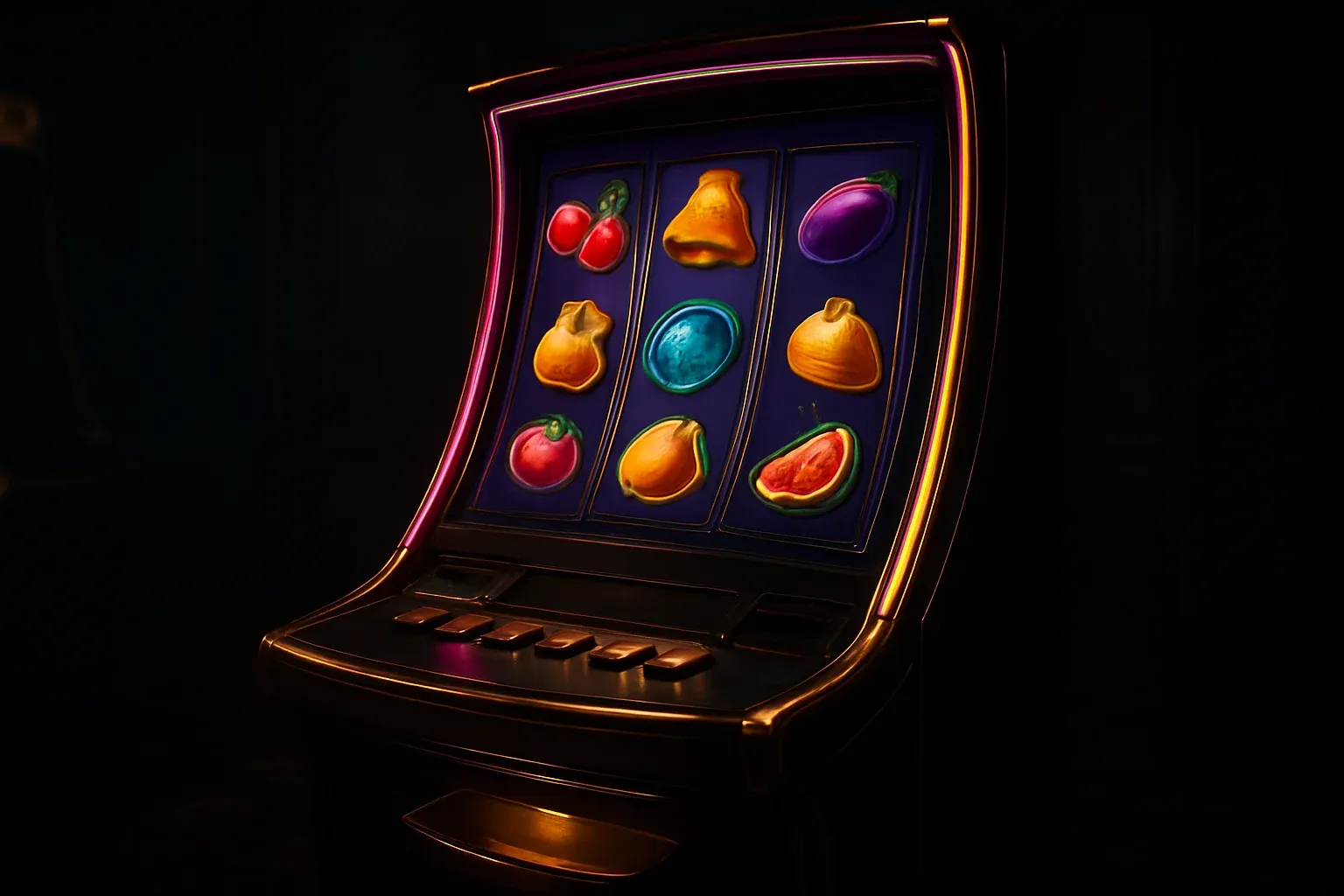 Hyperrealistic premium slot machine with three vertical reels in luxury casino